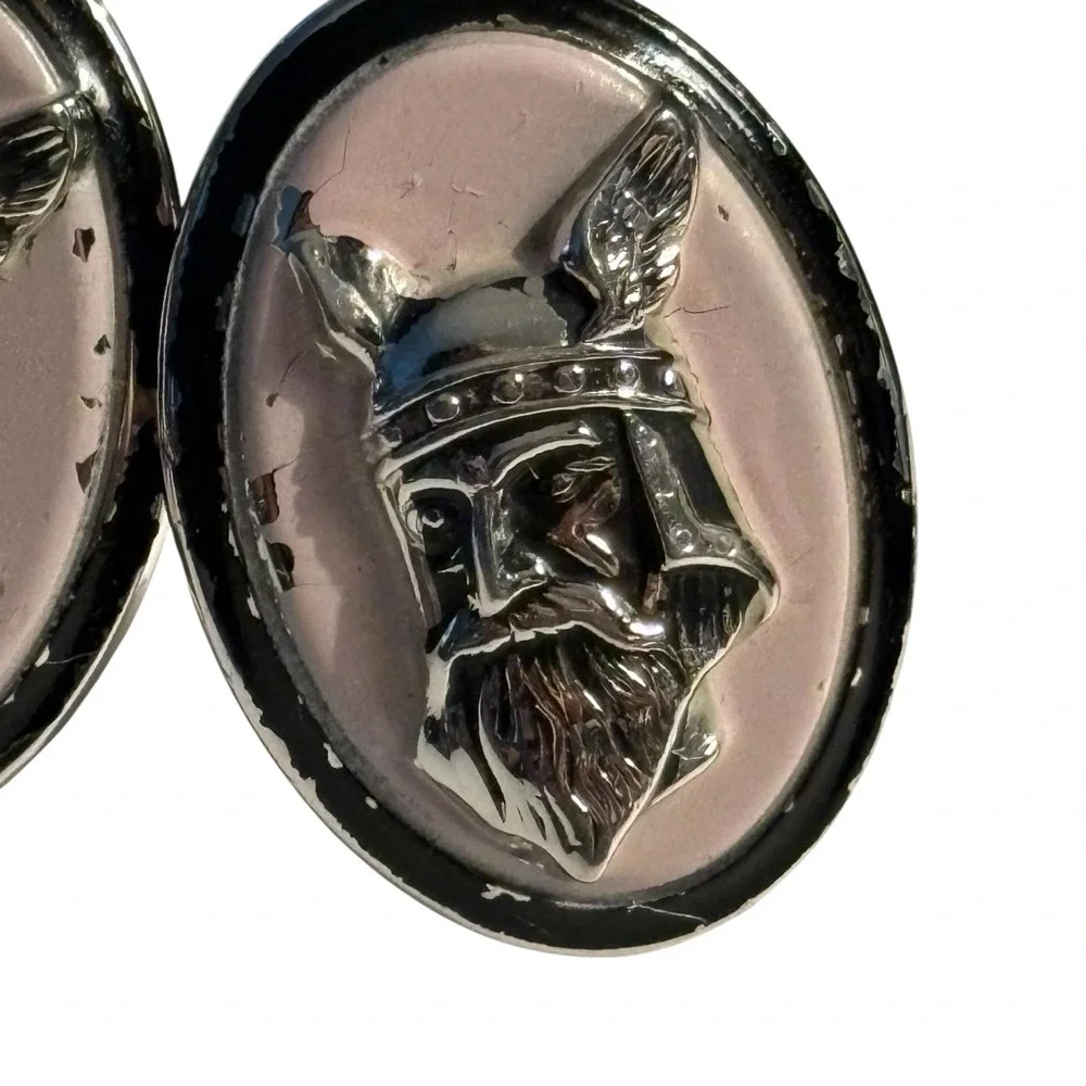 Swank Knight Pink Enamel Cufflinks Oval Silver Tone Soldier Warrior Vintage READ